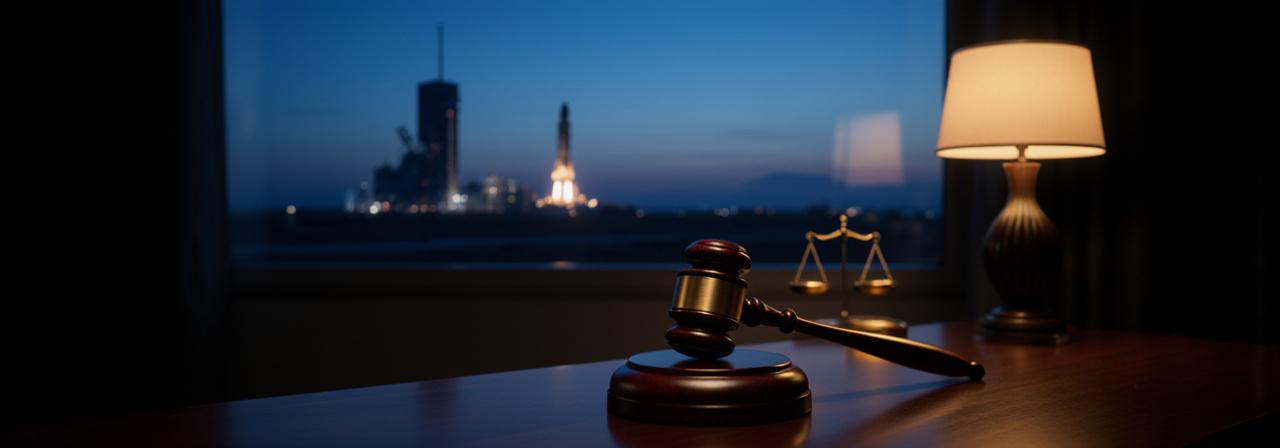 Legal gavel on a desk with a view of a launchpad in the background